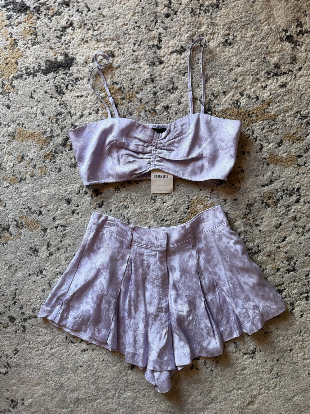 Forever 21 Lavender Jacquard Crop Top & Pleated Shorts Set